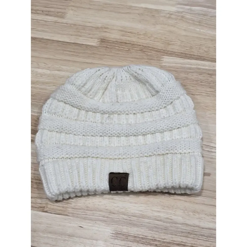 C.C Exclusive CC Beanie tail Ponytail Messy Bun Solid Ribbed Knit Beanie Hat